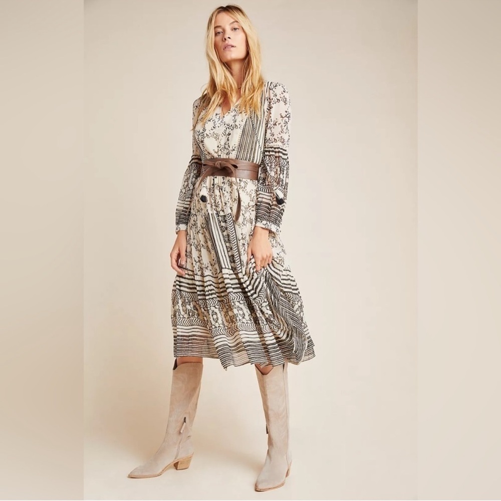 Anthropologie Talulah Tiered Long Sleeve Midi Dress Cream Black Size XSP 313